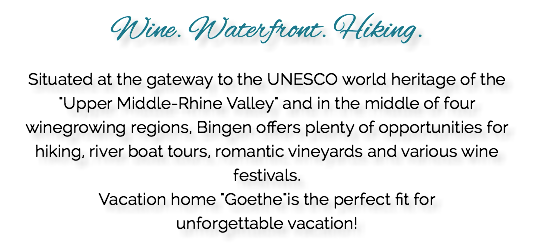 Wine. Waterfront. Hiking. Situated at the gateway to the UNESCO world heritage of the "Upper Middle-Rhine Valley" and in the middle of four winegrowing regions, Bingen offers plenty of opportunities for hiking, river boat tours, romantic vineyards and various wine festivals. Vacation home "Goethe"is the perfect fit for unforgettable vacation!